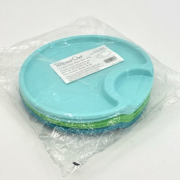 Set Of 6 THE PAMPERED CHEF 2823 10" Picnic Outdoor Party Plates Blue & Green NEW - Picture 1 of 7